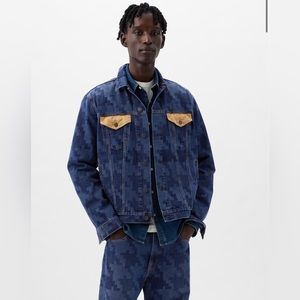 Men's Navy Patterned Denim Truck Jacket with Tan Pocket Accents